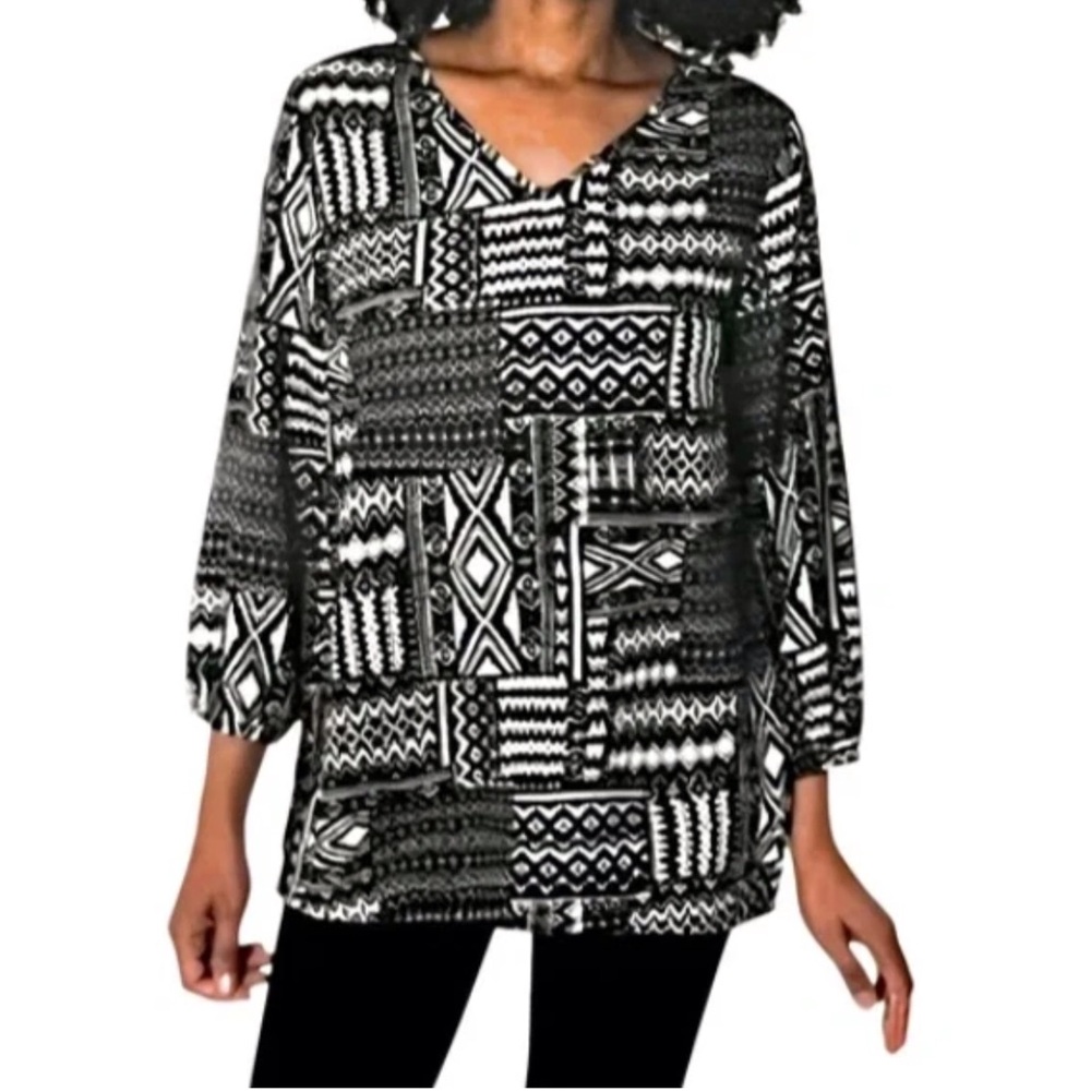 Mario Serrani Women’s XS V-Neck Tunic Top Black White Abstract Office Blouse